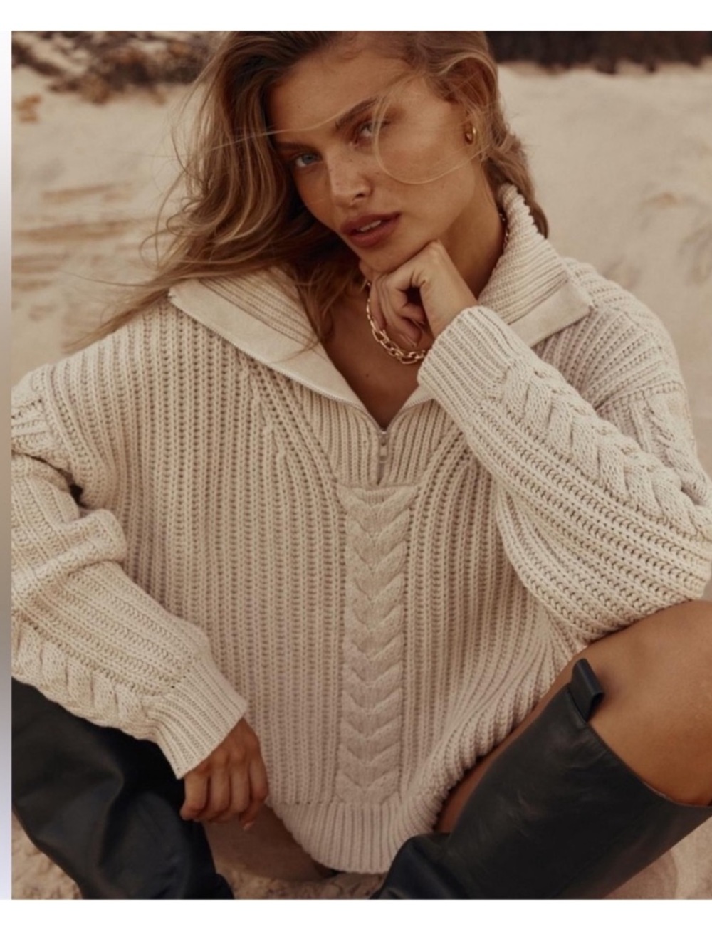 DISSH Barnett Cotton Quarter-Zip Cable Knit Sweater - White